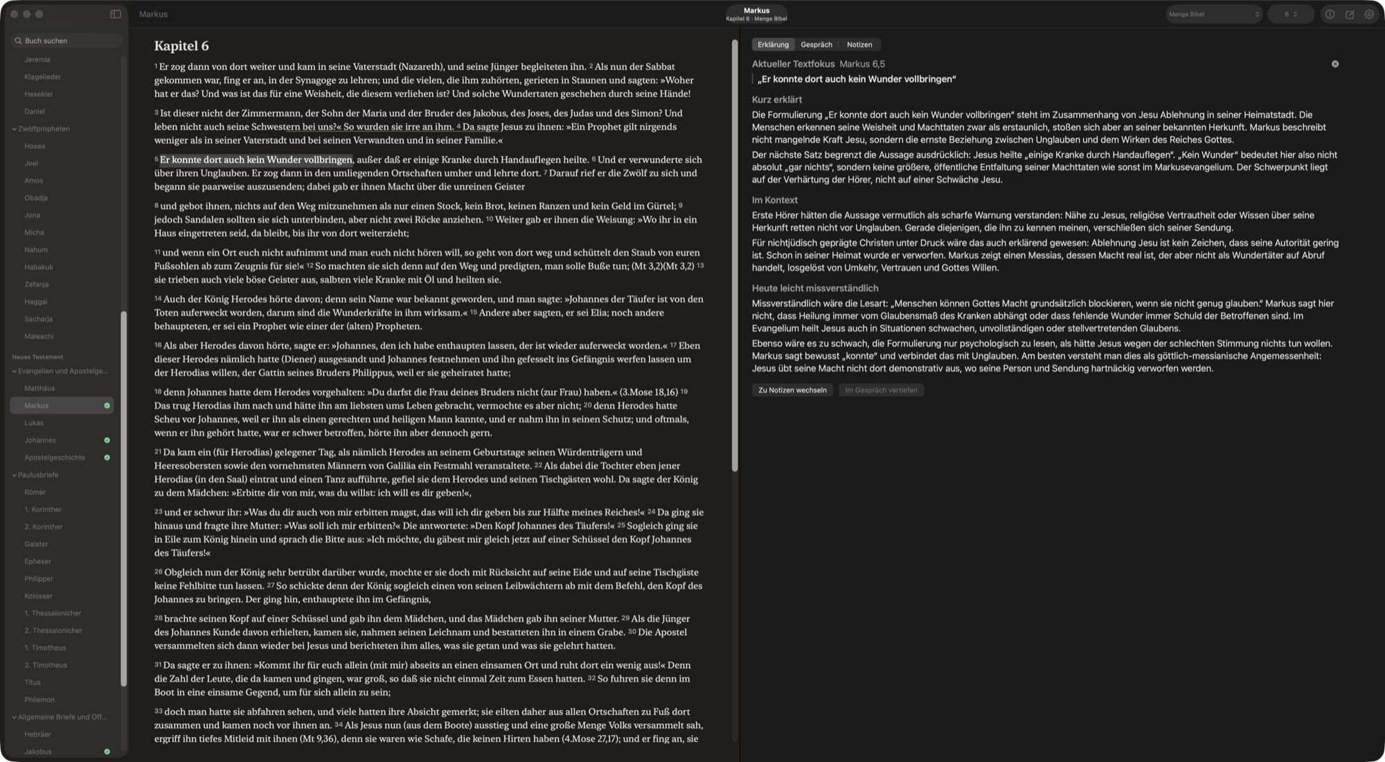Phaneia Reader mit Bibeltext links und Erklärung rechts